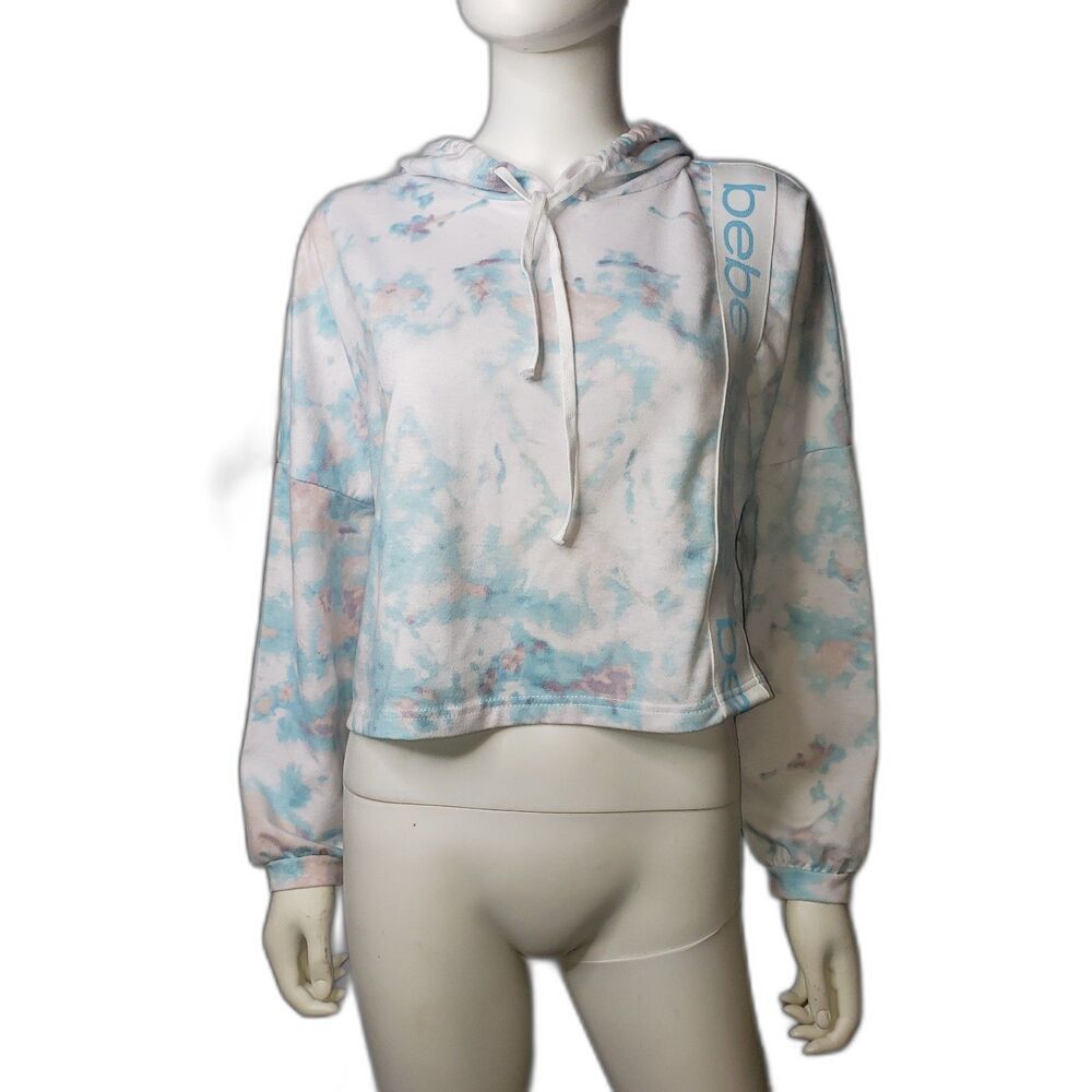Bebe Hoodie Womens Medium Blue Pink Tie Dye Cropped Pullover Sweatshirt Logo